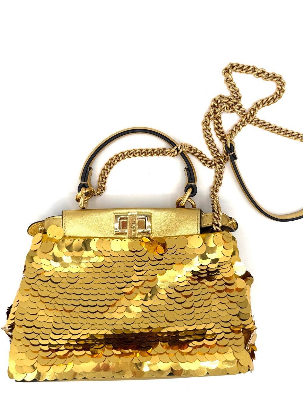 Fendi Gold Sequin Mini Top Handle Peekaboo Bag with Chain Strap